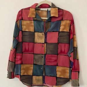 Petite Sophisticate 90s blouse patchwork watercolor pattern button up